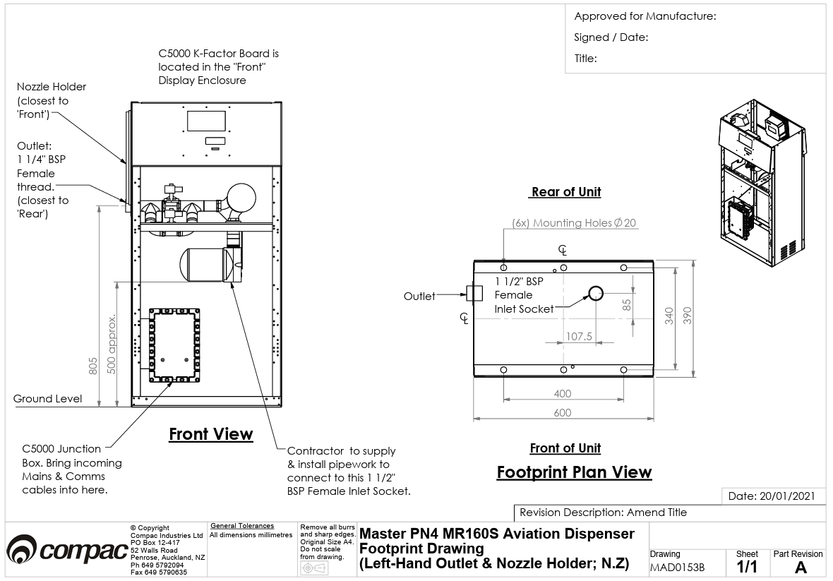 Master Pn4 Mr160s Aviation Dispenser Footprint Drawing ( Left   Hand Outlet & Nozzle Holder ; N Z)